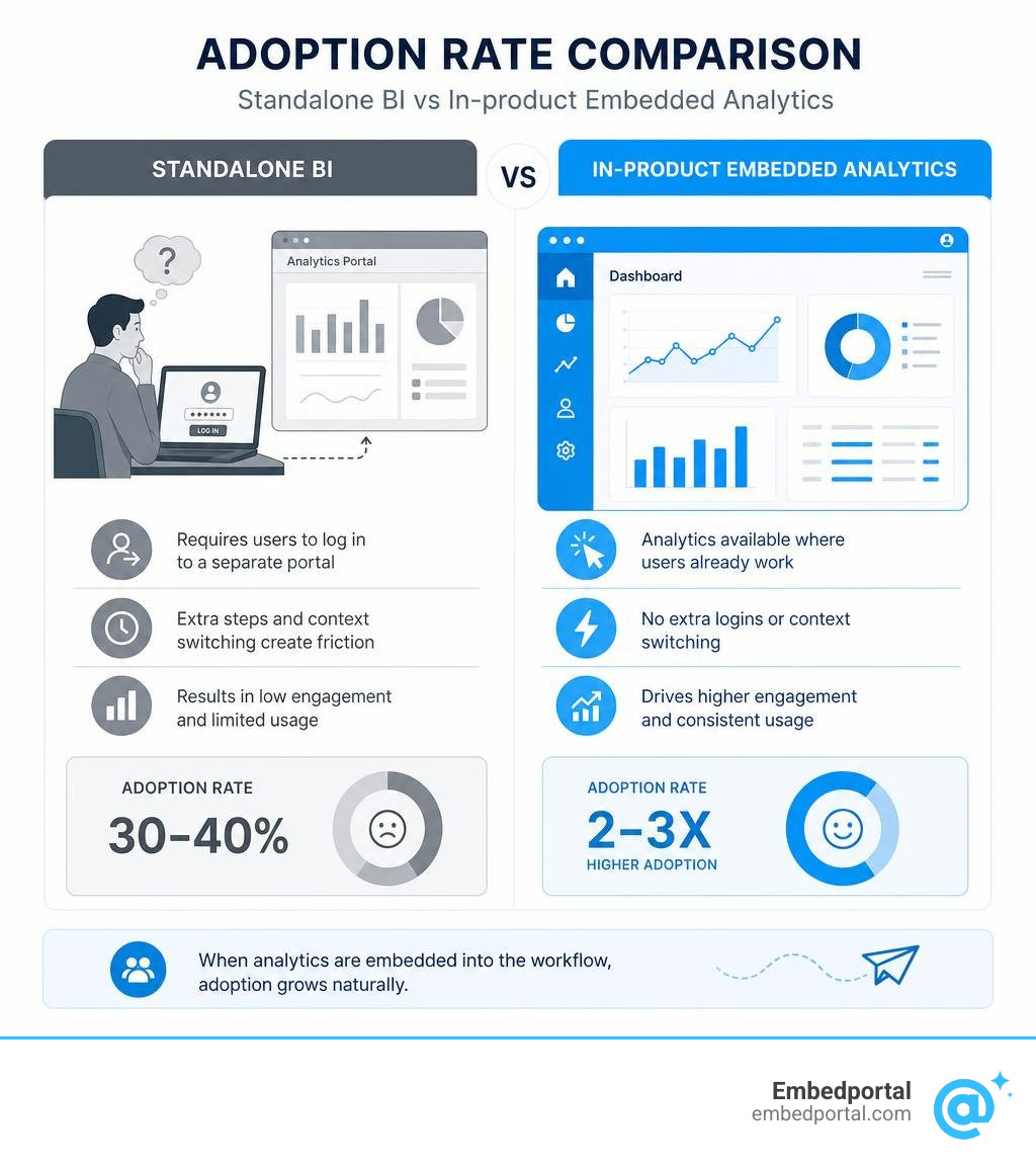 Adoption rate comparison: Standalone BI vs In-product Embedded Analytics infographic