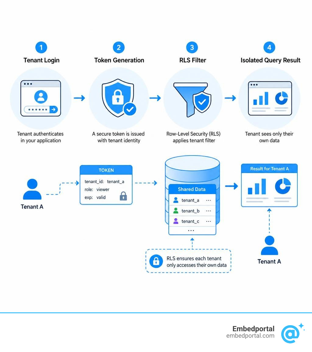 Multi-tenant analytics data flow: tenant login to token generation to RLS filter to isolated query result infographic