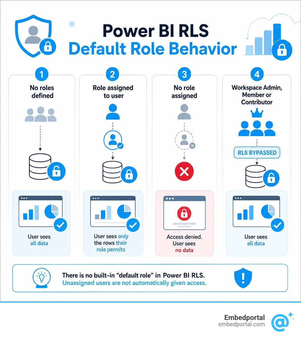 Power BI RLS default role behavior: no role defined, role assigned, no role assigned, workspace bypass infographic