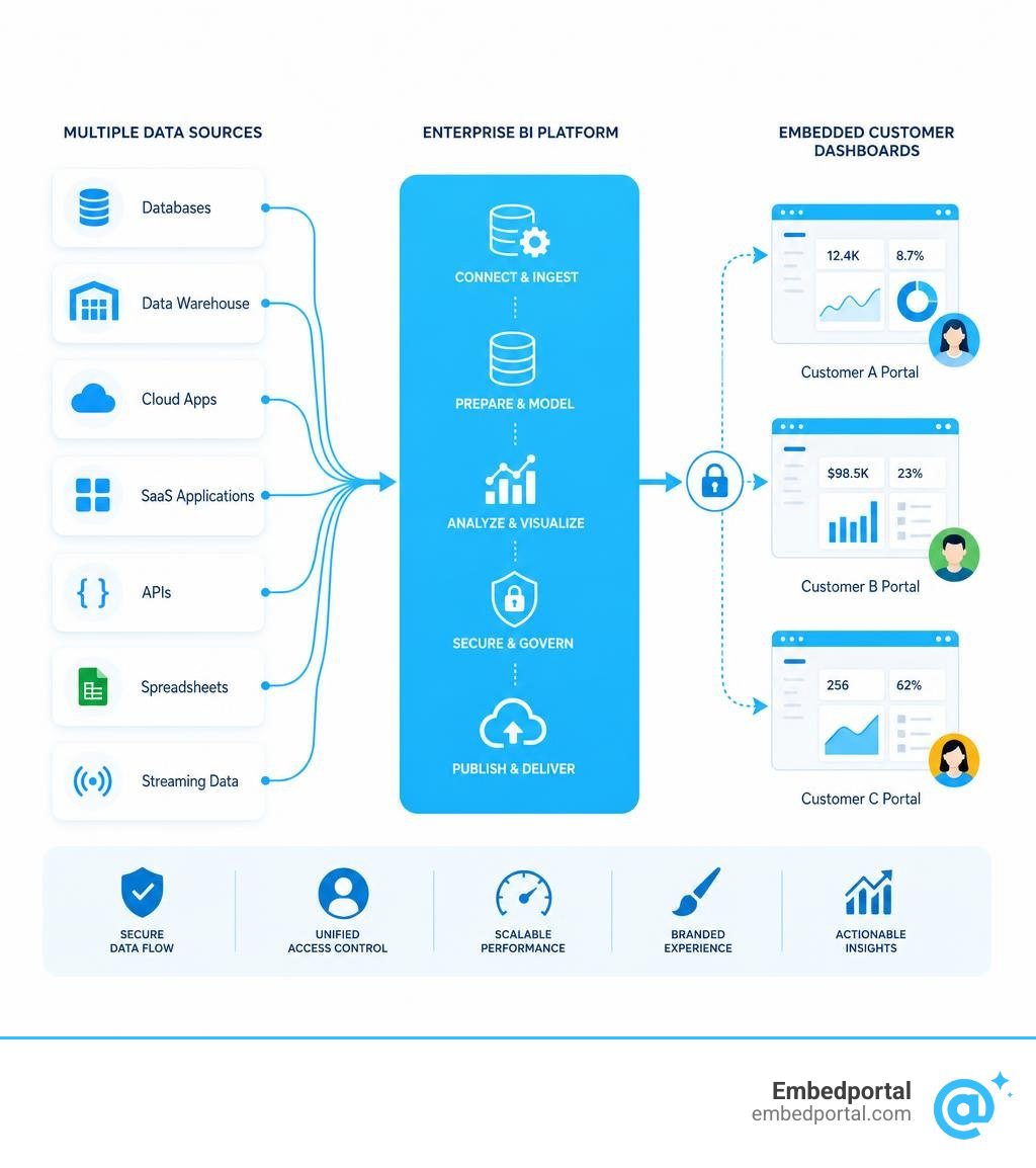 Flow of data from multiple sources through enterprise BI platforms to embedded customer dashboards infographic Flow of data from multiple sources through enterprise BI platforms to embedded customer dashboards infographic