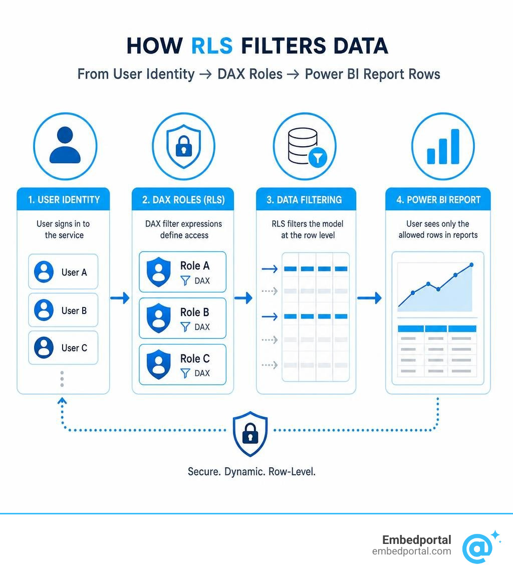 How RLS filters data flow from user identity through DAX roles to Power BI report rows infographic