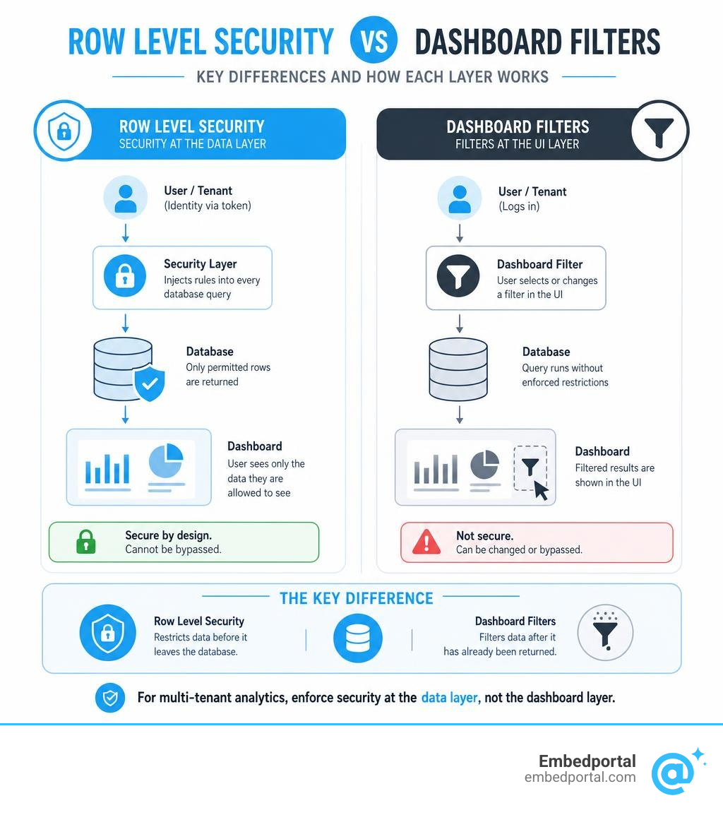 Row level security vs dashboard filters: key differences and how each layer works infographic Row level security vs dashboard filters: key differences and how each layer works infographic
