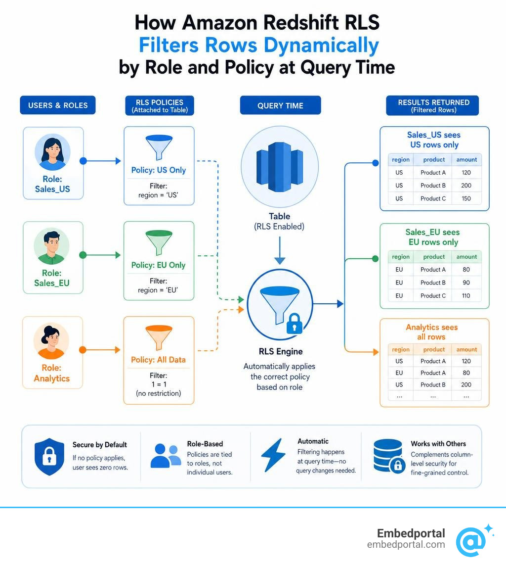 How Amazon Redshift RLS filters rows dynamically by role and policy at query time infographic