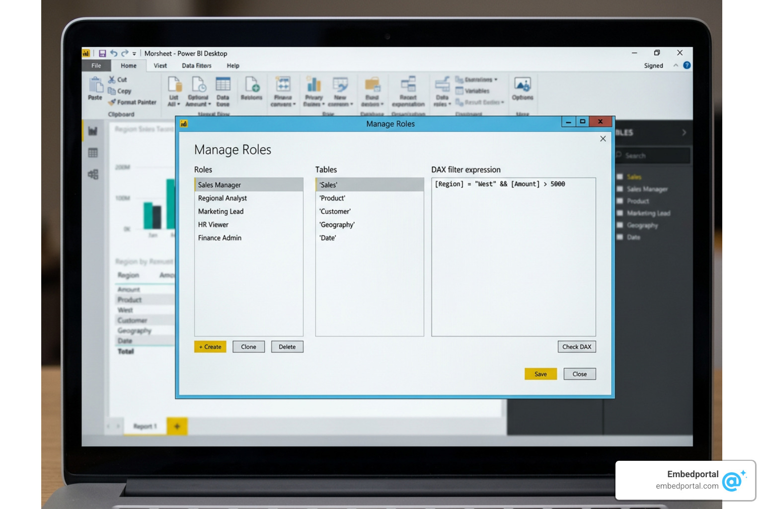 Manage Roles dialog in Power BI Desktop showing role definition and DAX filter expressions