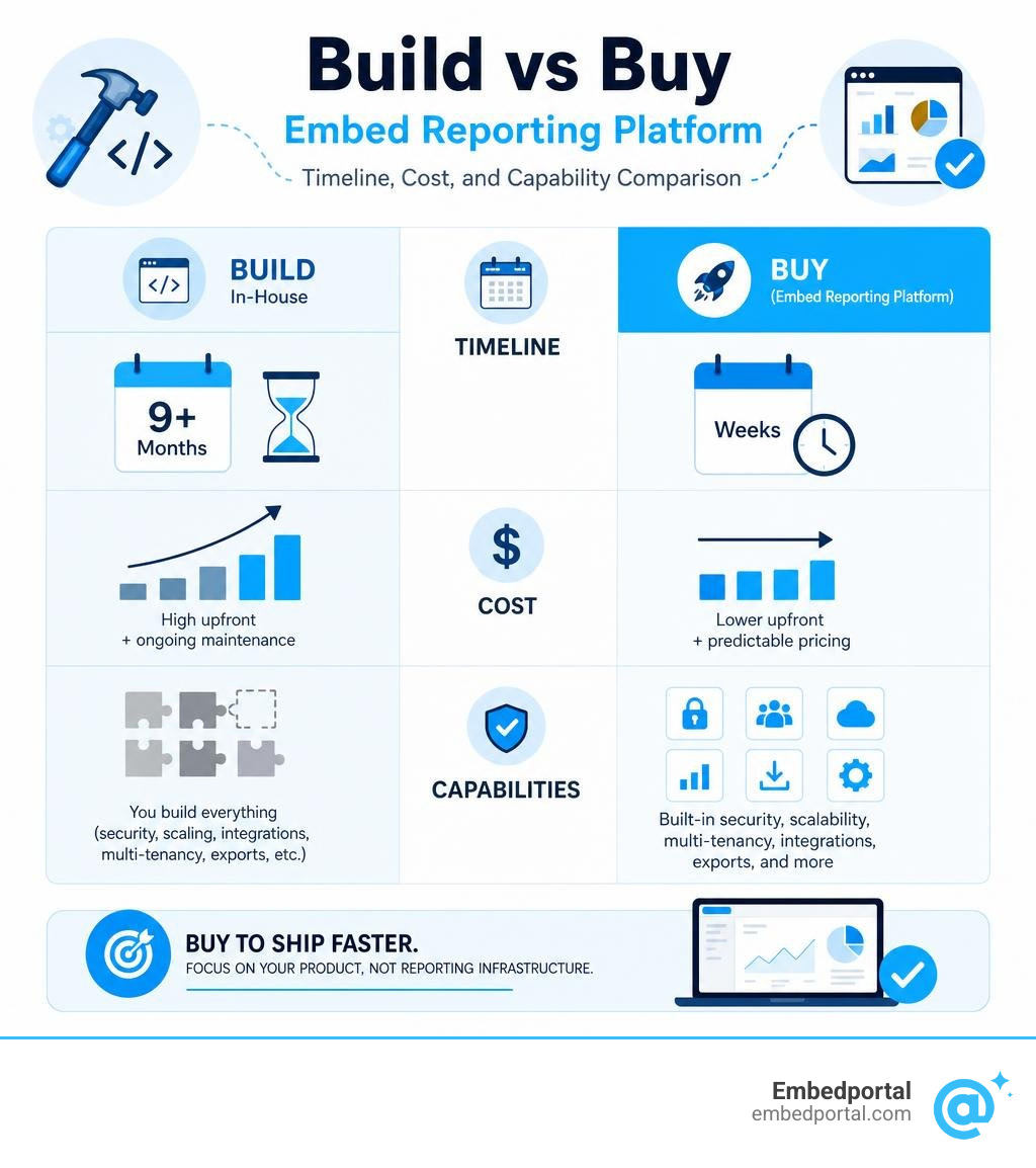Build vs buy embed reporting platform: timeline, cost, and capability comparison infographic