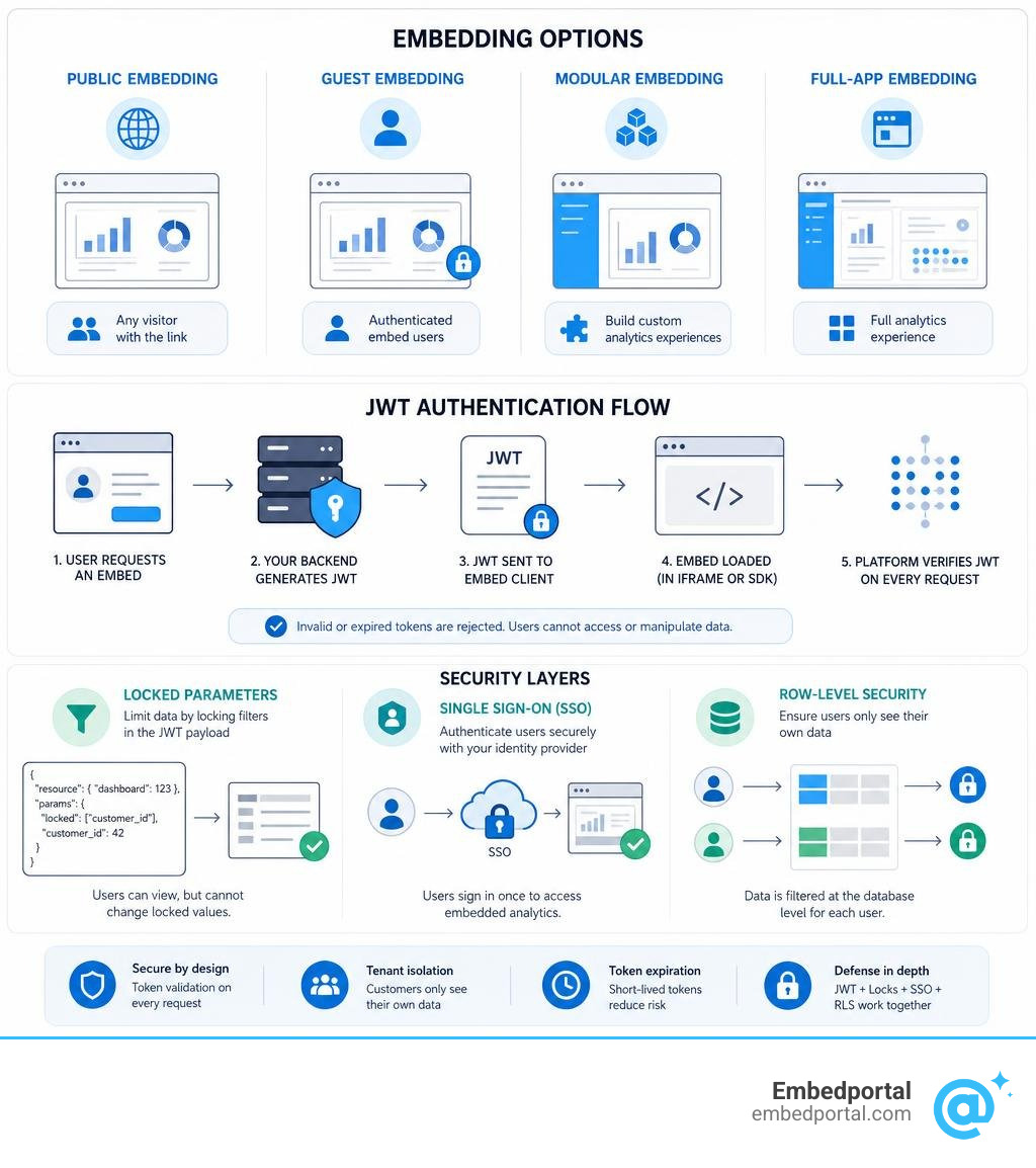 Metabase secure embedding architecture: public vs guest vs modular vs full-app embedding, JWT flow, locked parameters, SSO