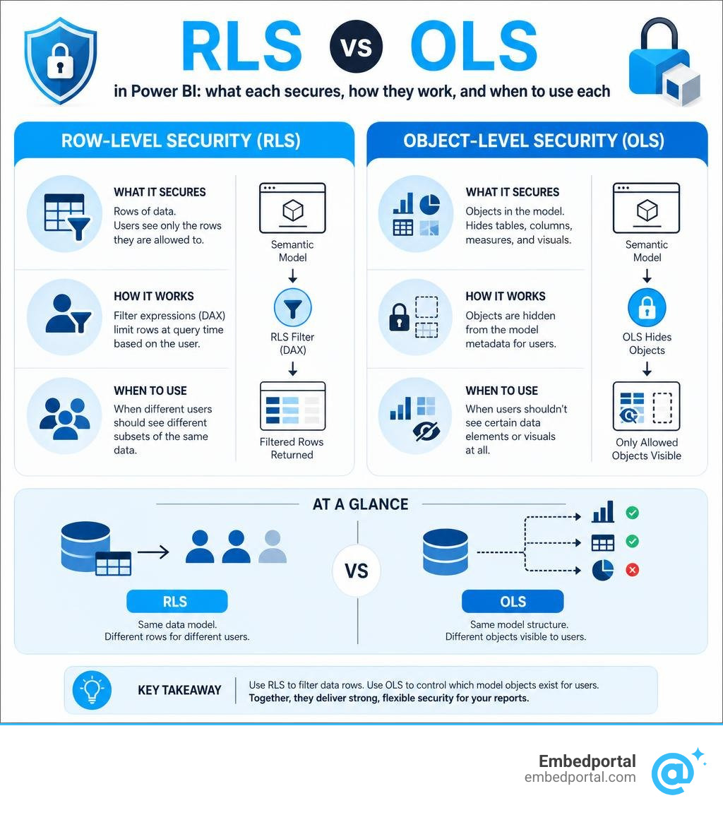 RLS vs OLS in Power BI: what each secures, how they work, and when to use each infographic RLS vs OLS in Power BI: what each secures, how they work, and when to use each infographic
