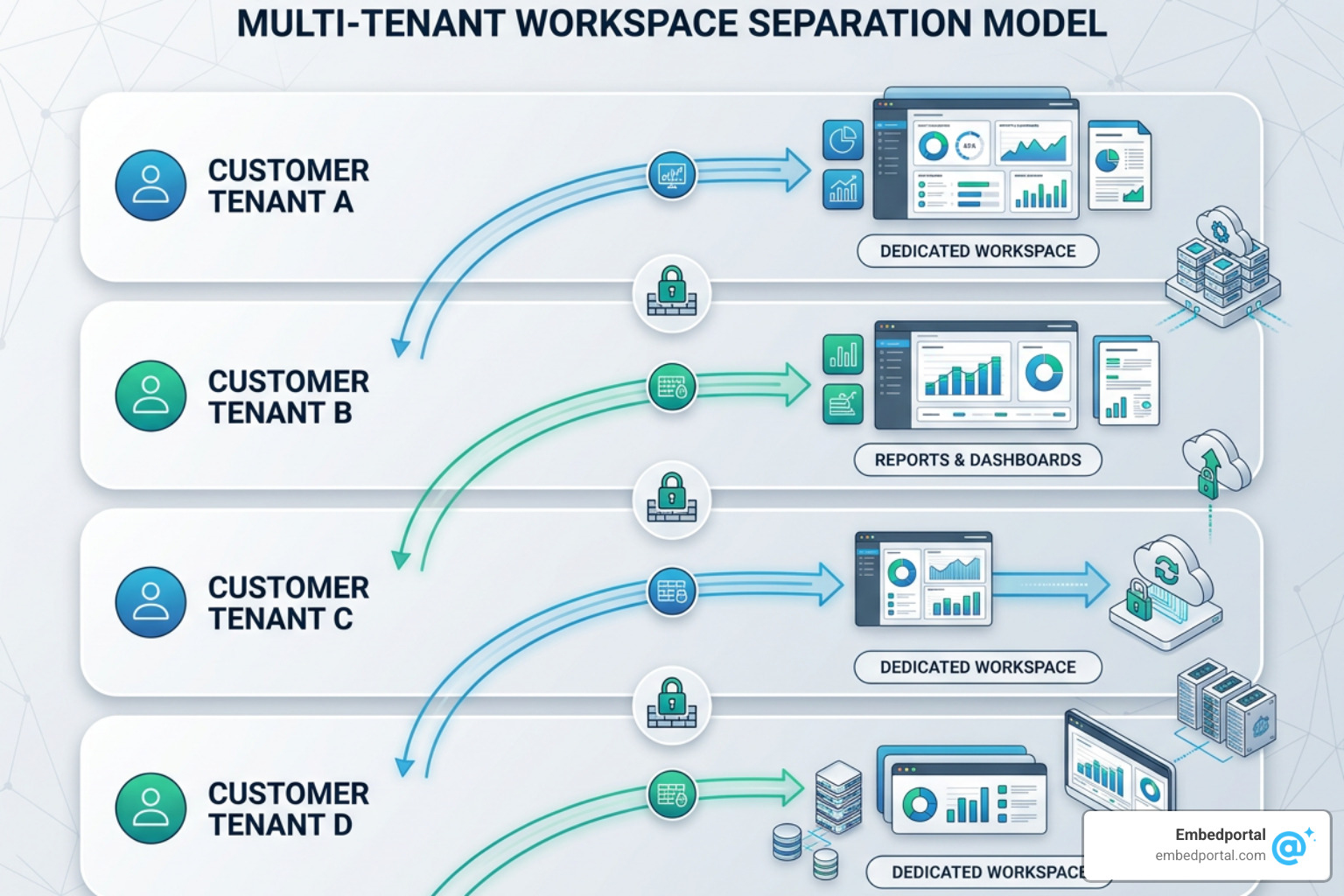 Workspace separation model mapping each customer tenant to a dedicated Power BI workspace