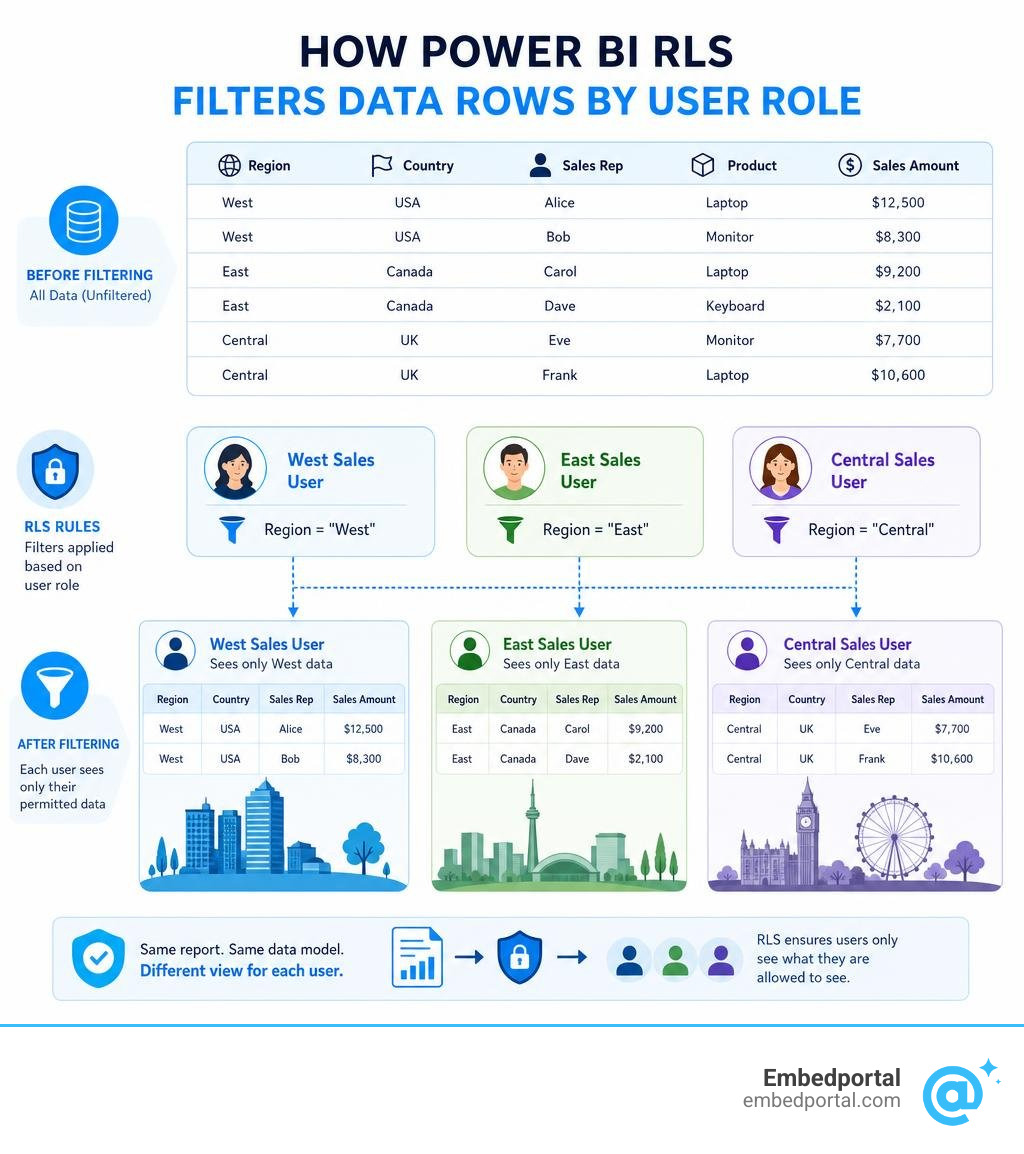How Power BI RLS filters data rows by user role, showing data before and after filtering infographic How Power BI RLS filters data rows by user role, showing data before and after filtering infographic