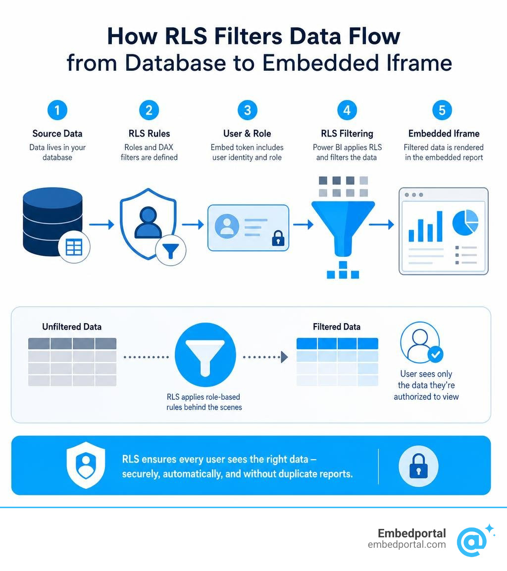 How RLS filters data flow from database to embedded iframe in Power BI Embedded infographic How RLS filters data flow from database to embedded iframe in Power BI Embedded infographic