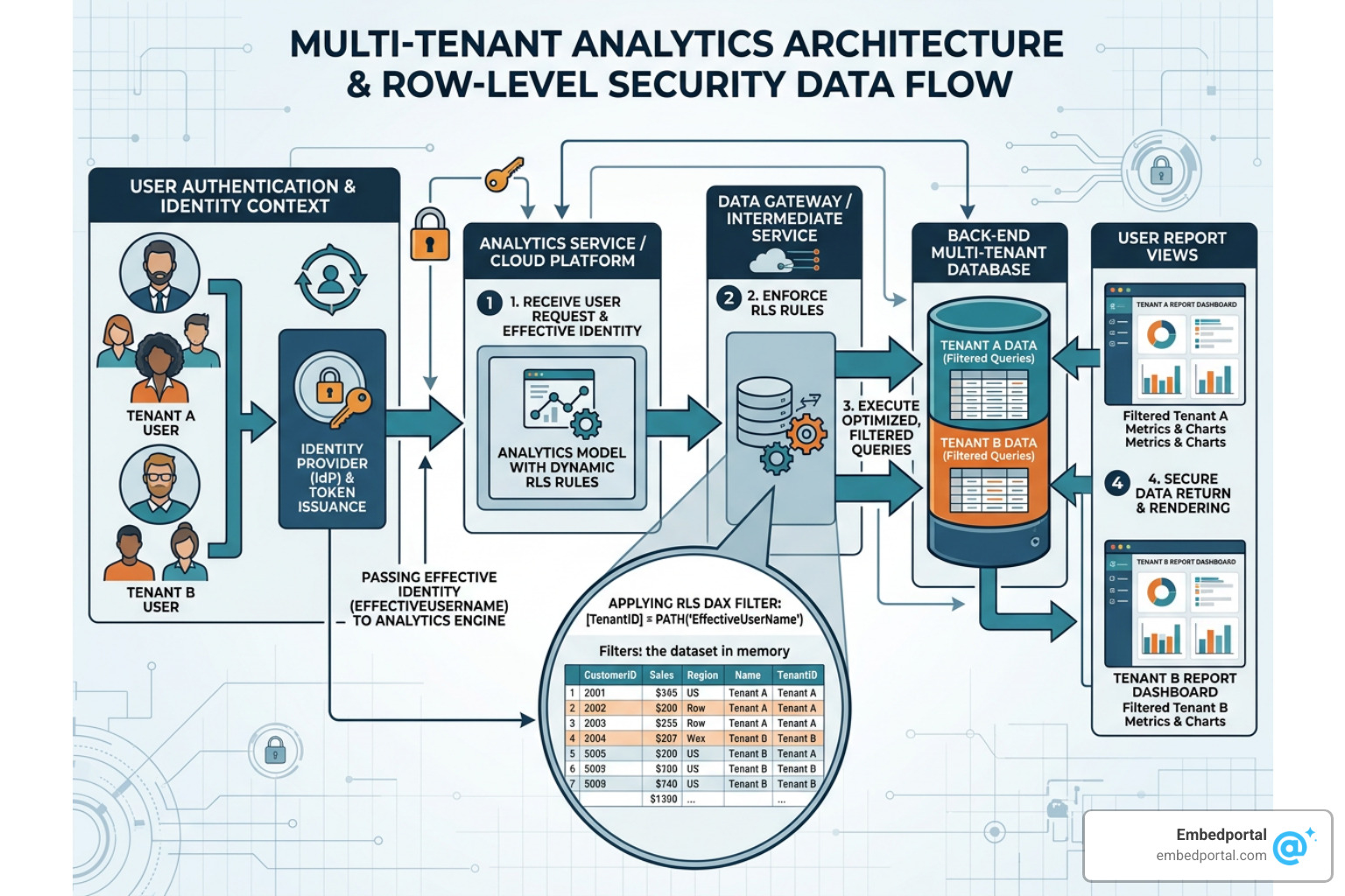 Data flow for Row-Level Security showing how effective identity filters tenant database queries