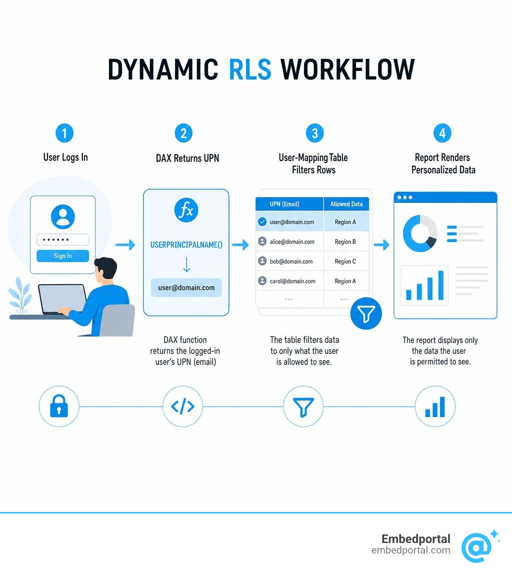Dynamic RLS workflow: user logs in, DAX returns UPN, user-mapping table filters rows, report renders personalized data