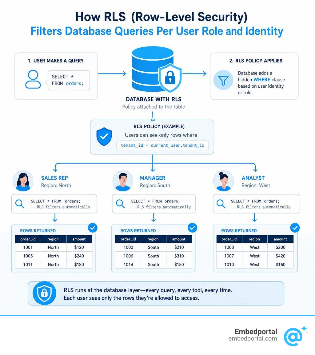 How RLS row level security filters database queries per user role and identity infographic
