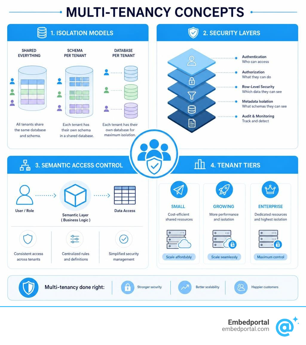 Multi-tenancy concepts: isolation models, security layers, semantic access control, and tenant tiers infographic