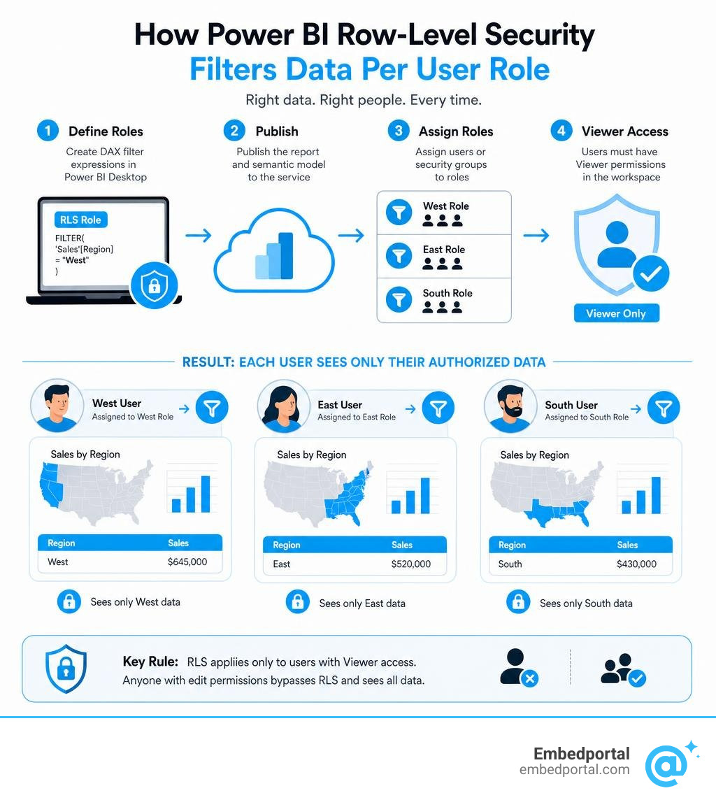 How Power BI row level security filters data per user role in workspaces and embedded apps infographic How Power BI row level security filters data per user role in workspaces and embedded apps infographic