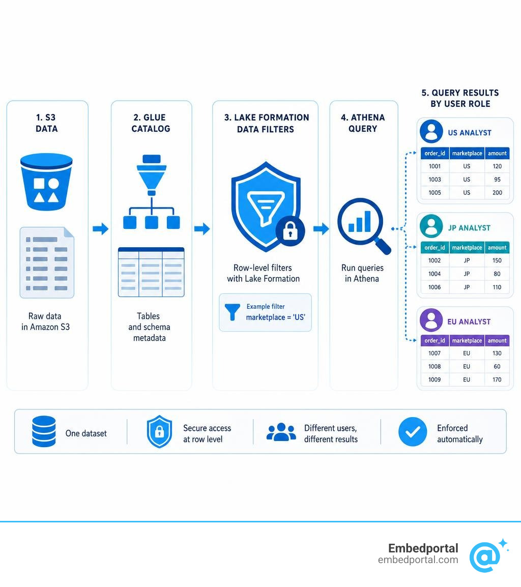 Flow diagram: S3 data to Glue Catalog to Lake Formation data filters to Athena query results by user role infographic