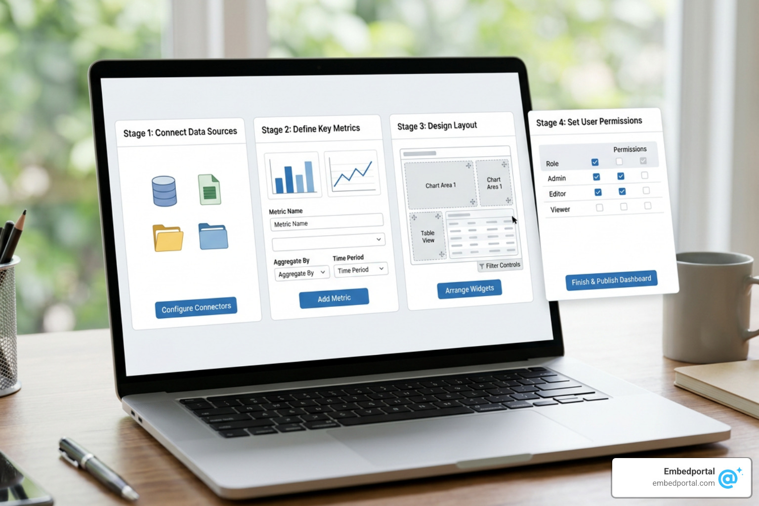 Step-by-step embedding workflow: 1. Connect BI, 2. Configure RLS, 3. Apply Branding, 4. Embed