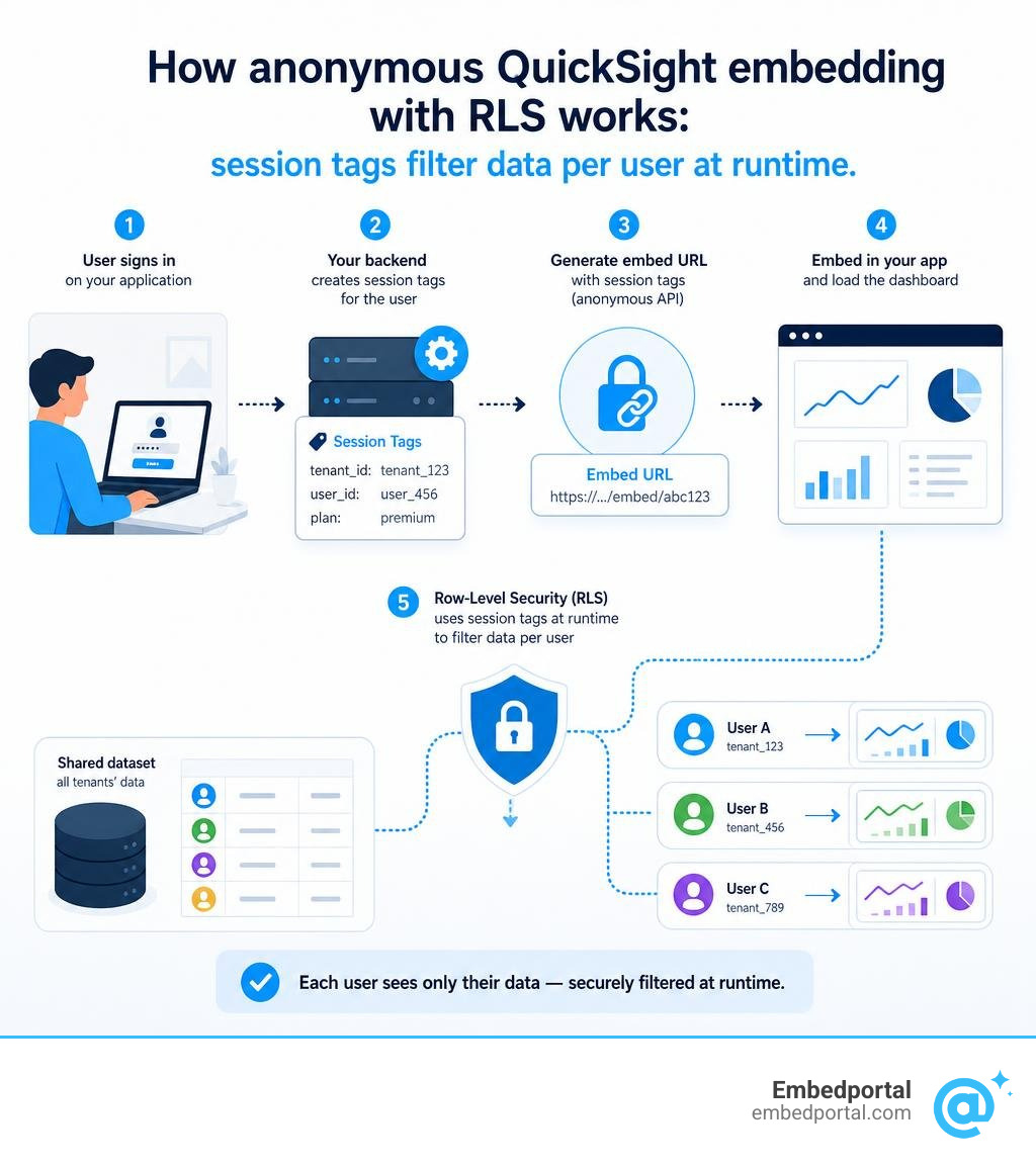 How anonymous QuickSight embedding with RLS works: session tags filter data per user at runtime infographic