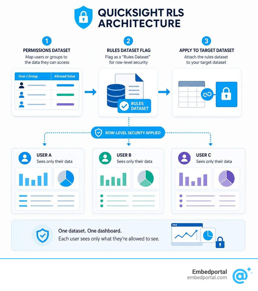 QuickSight RLS architecture showing permissions dataset, rules dataset flag, and filtered user views infographic