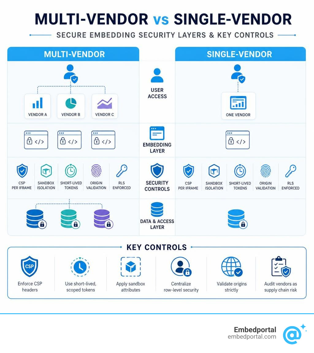 Multi-vendor vs single-vendor secure embedding security layers and key controls infographic