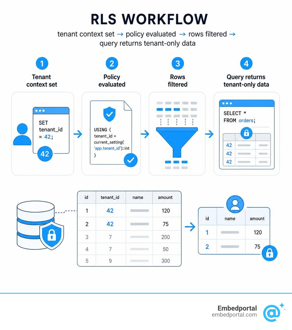 RLS workflow: tenant context set to policy evaluated to rows filtered to query returns tenant-only data infographic