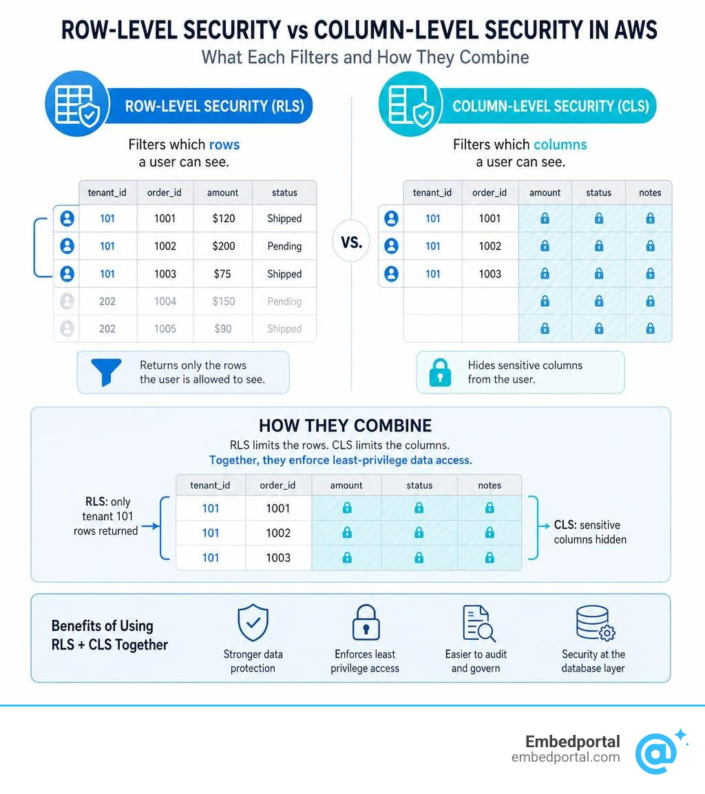 Row-level security vs column-level security in AWS: what each filters and how they combine infographic