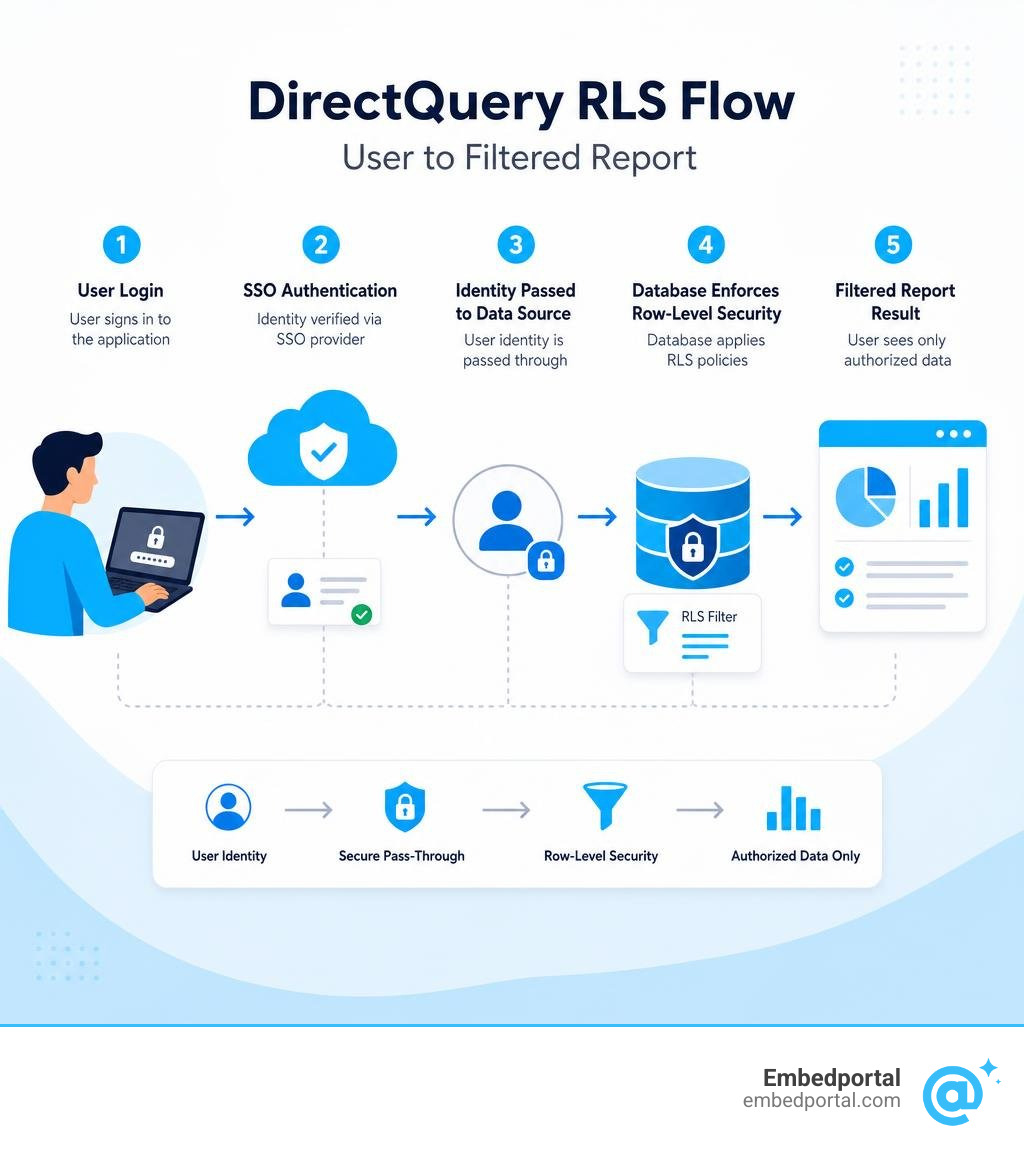 DirectQuery RLS flow from user login through SSO to database and filtered report result infographic