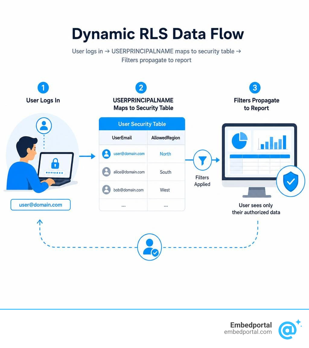 Dynamic RLS data flow: user logs in, USERPRINCIPALNAME maps to security table, filters propagate to report infographic Dynamic RLS data flow: user logs in, USERPRINCIPALNAME maps to security table, filters propagate to report infographic