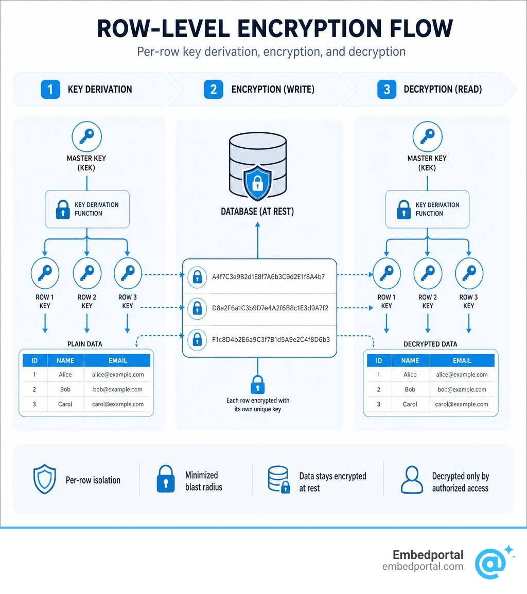 Row-level encryption flow showing per-row key derivation, encryption, and decryption process infographic Row-level encryption flow showing per-row key derivation, encryption, and decryption process infographic