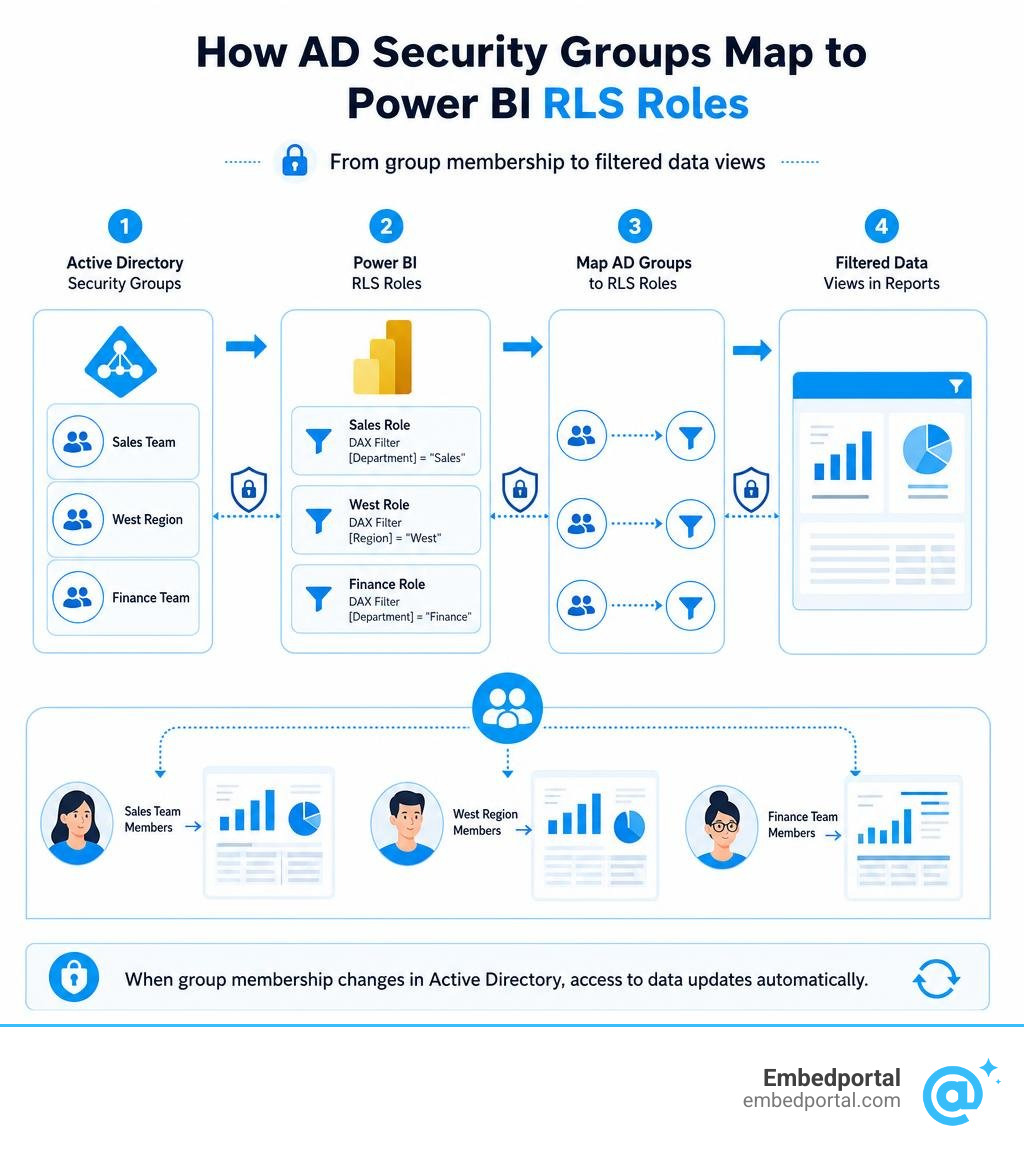 How AD security groups map to Power BI RLS roles — from group membership to filtered data views infographic