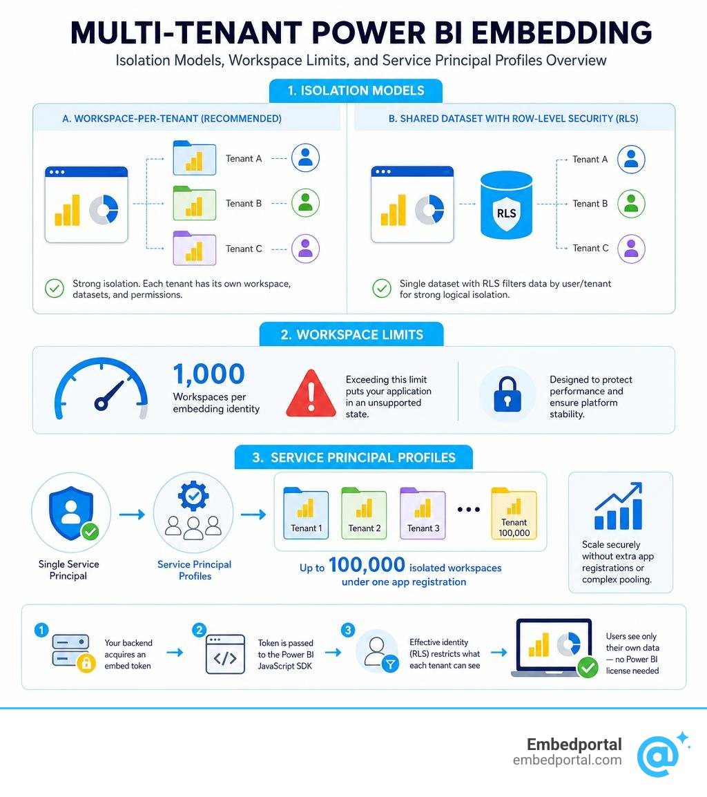 Multi-tenant Power BI embedding: isolation models, workspace limits, and service principal profiles overview infographic