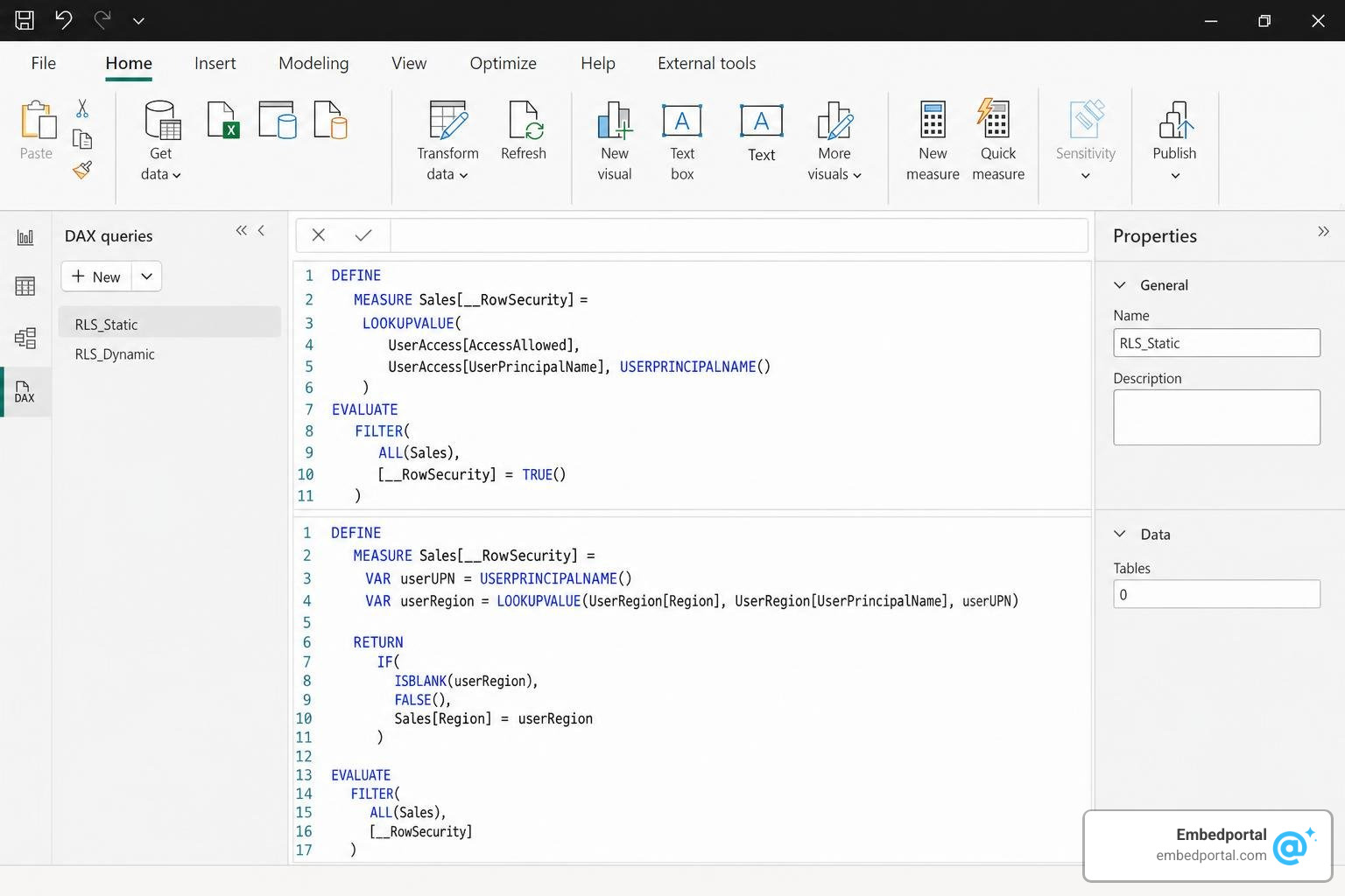 DAX editor in Power BI Desktop showing static and dynamic rules