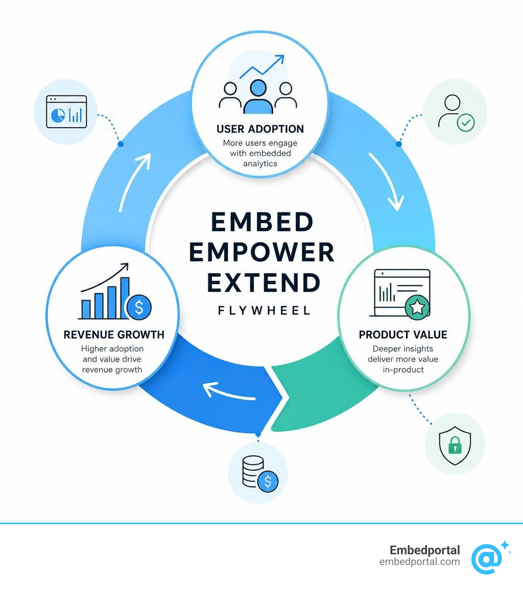 Embed-empower-extend flywheel showing user adoption, product value, and revenue growth cycle infographic Embed-empower-extend flywheel showing user adoption, product value, and revenue growth cycle infographic
