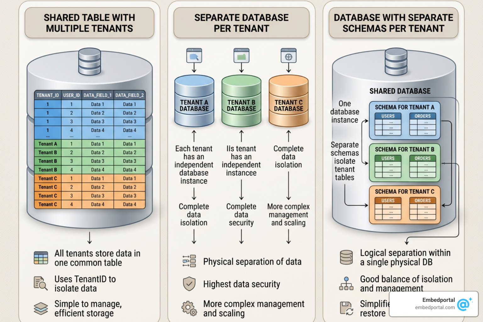 Data security options: commingled tables, separate databases, and separate schemas