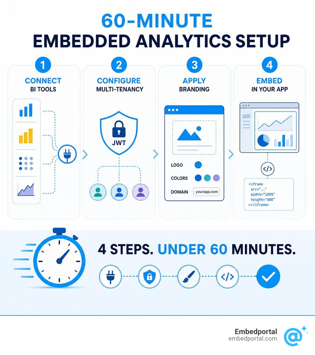 60-minute embedded analytics setup: connect BI tools, configure multi-tenancy, apply branding, embed infographic