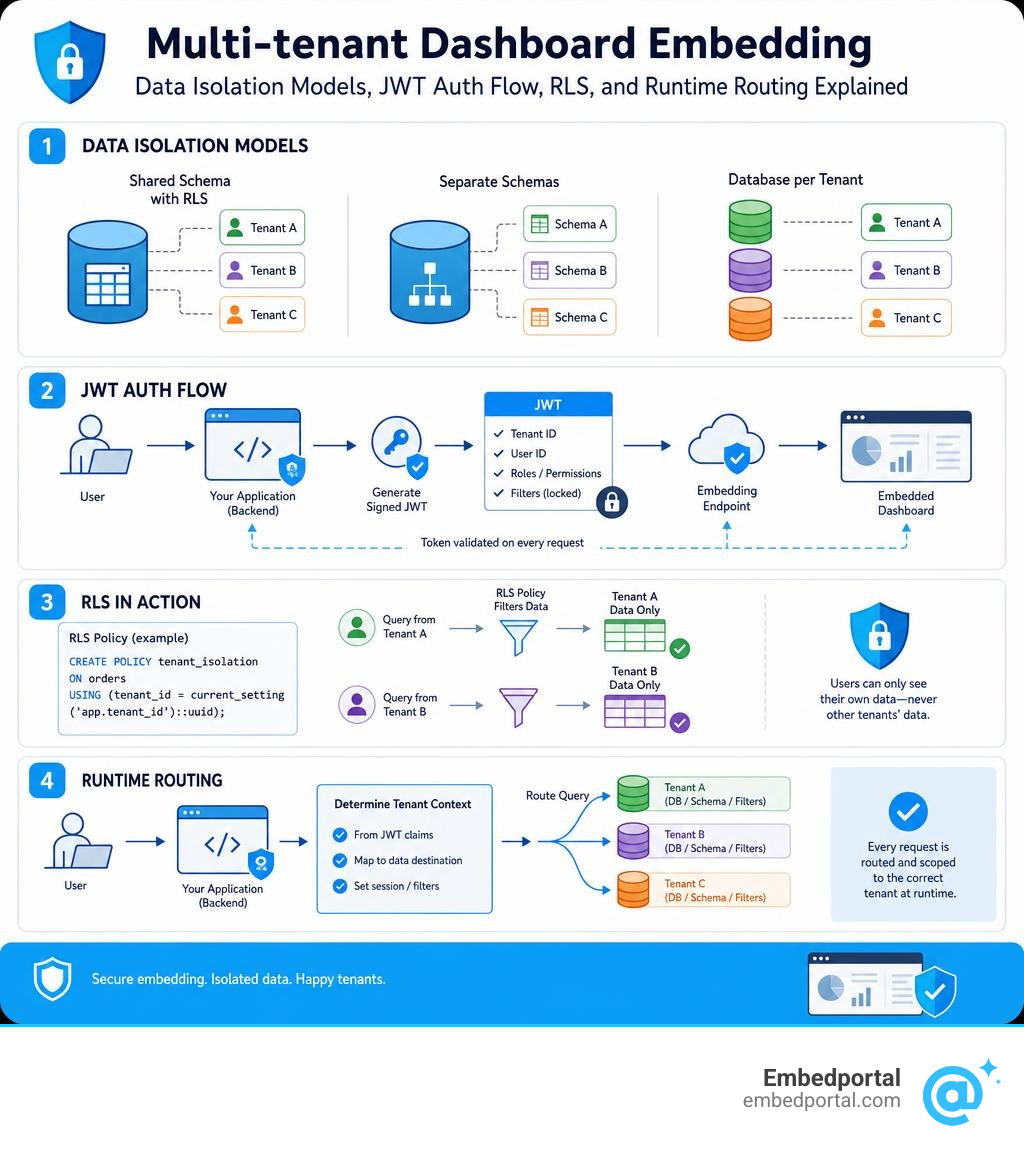 Multi-tenant dashboard embedding: data isolation models, JWT auth flow, RLS, and runtime routing explained infographic