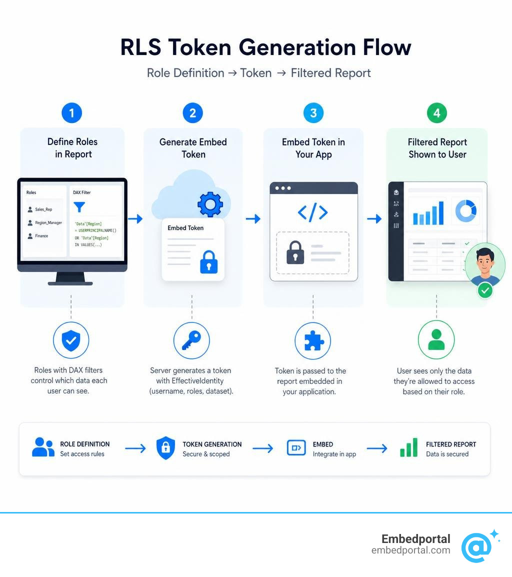 RLS token generation flow: role definition to embed token to filtered report infographic