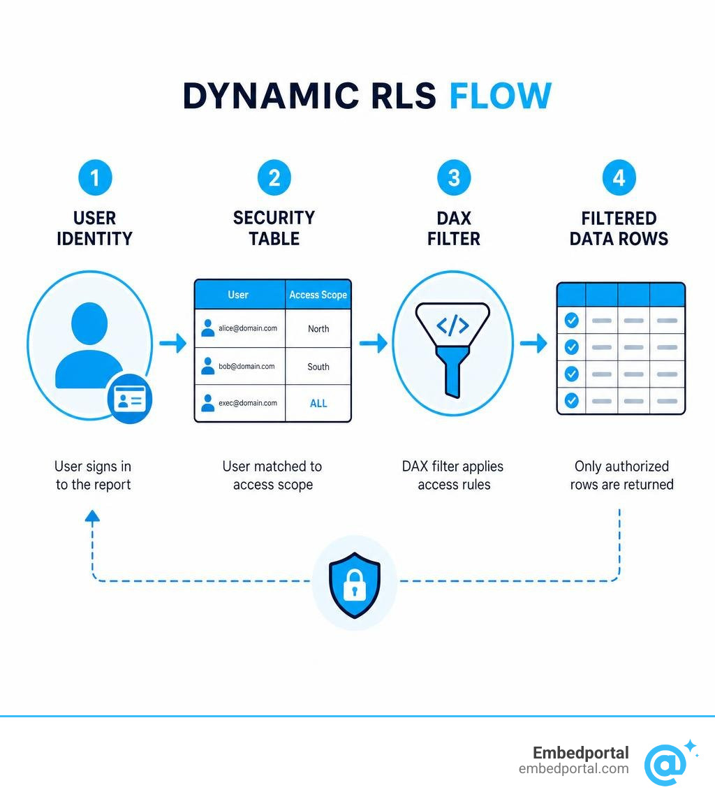 Dynamic RLS flow: user identity to security table to DAX filter to filtered data rows infographic