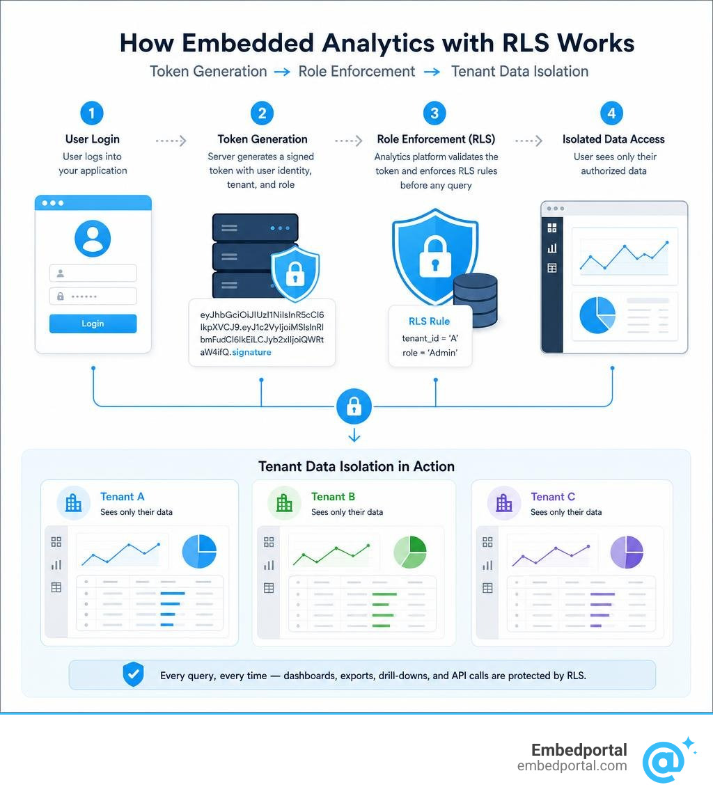 How embedded analytics with RLS works: token generation, role enforcement, and tenant data isolation infographic