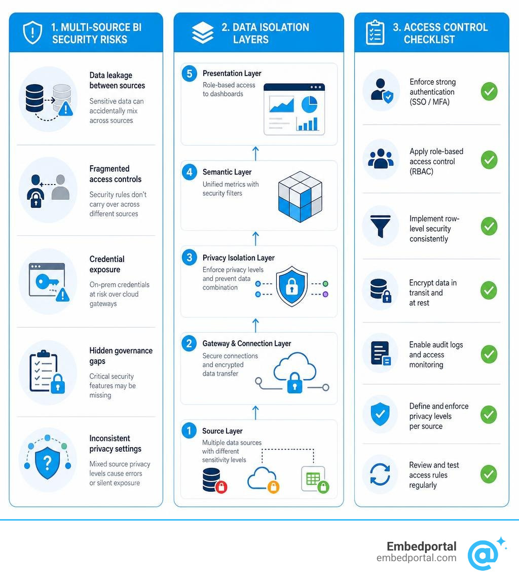 Multi-source BI security risks, data isolation layers, and access control checklist infographic infographic