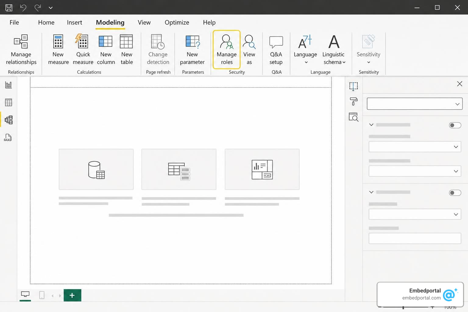 Power BI Desktop Modeling tab highlighting the Manage Roles button Power BI Desktop Modeling tab highlighting the Manage Roles button