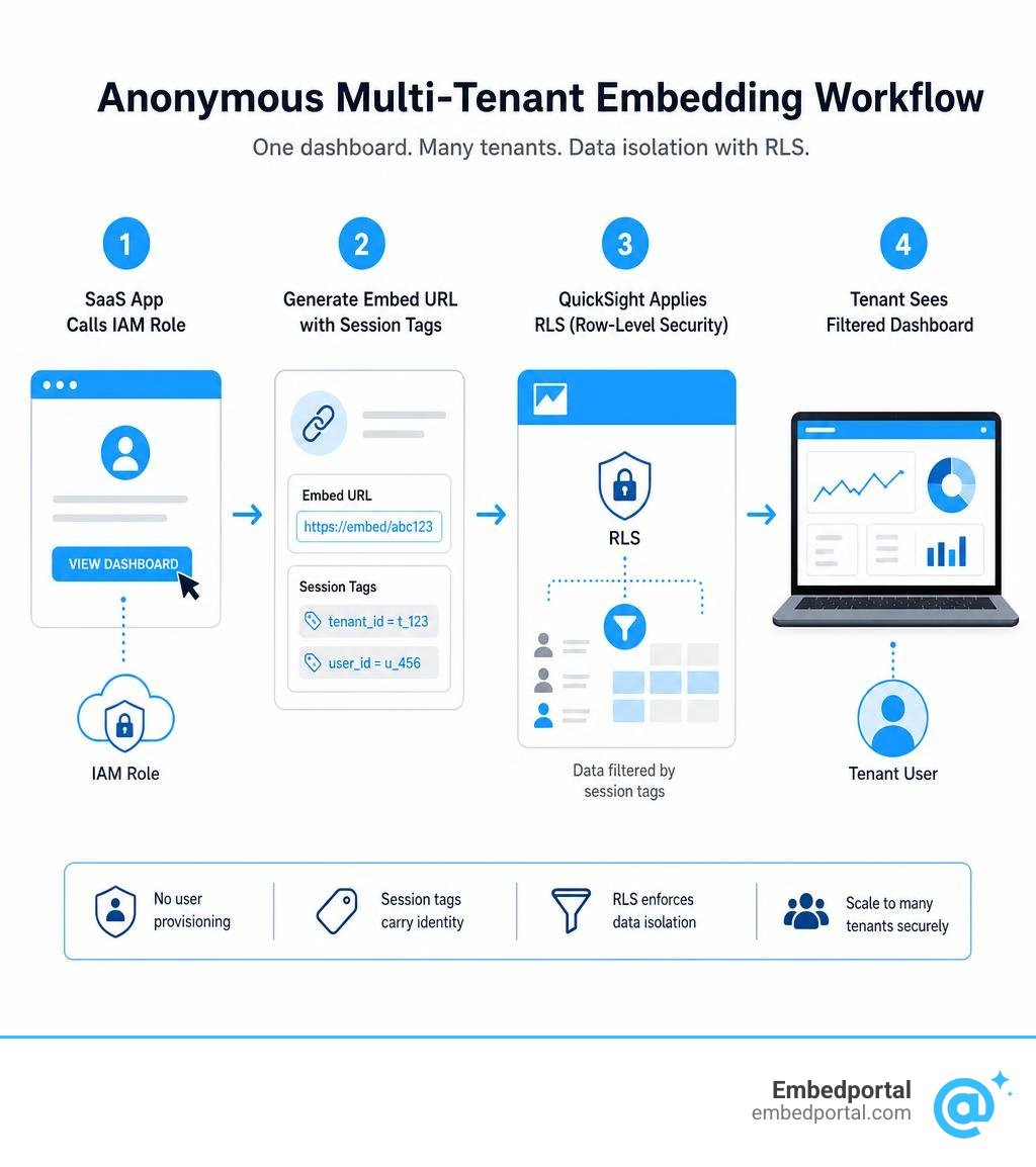 Anonymous QuickSight multi-tenant embedding workflow: SaaS app calls IAM role, generates embed URL with session tags Anonymous QuickSight multi-tenant embedding workflow: SaaS app calls IAM role, generates embed URL with session tags