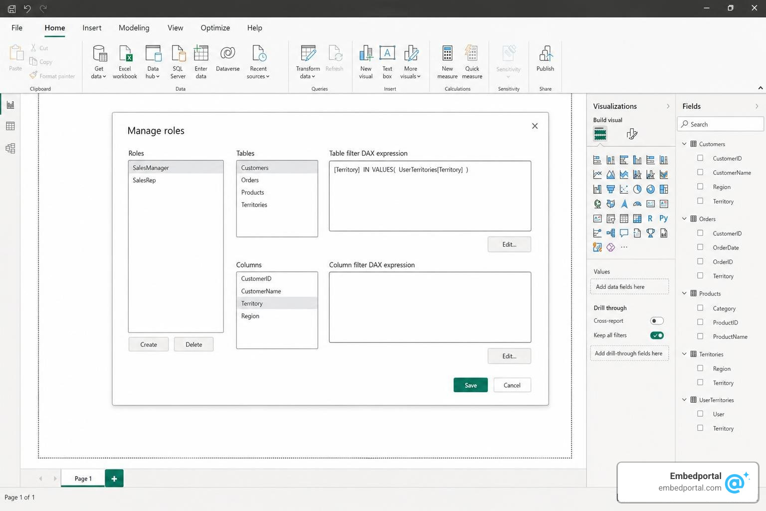 Power BI Desktop Manage Roles window showing DAX filter rules Power BI Desktop Manage Roles window showing DAX filter rules