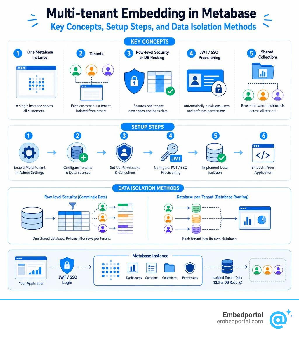 Multi-tenant embedding in Metabase: key concepts, setup steps, and data isolation methods infographic