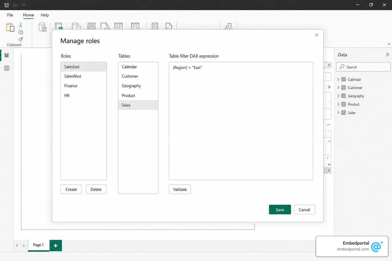 Power BI Desktop Manage Roles window setting up security filters