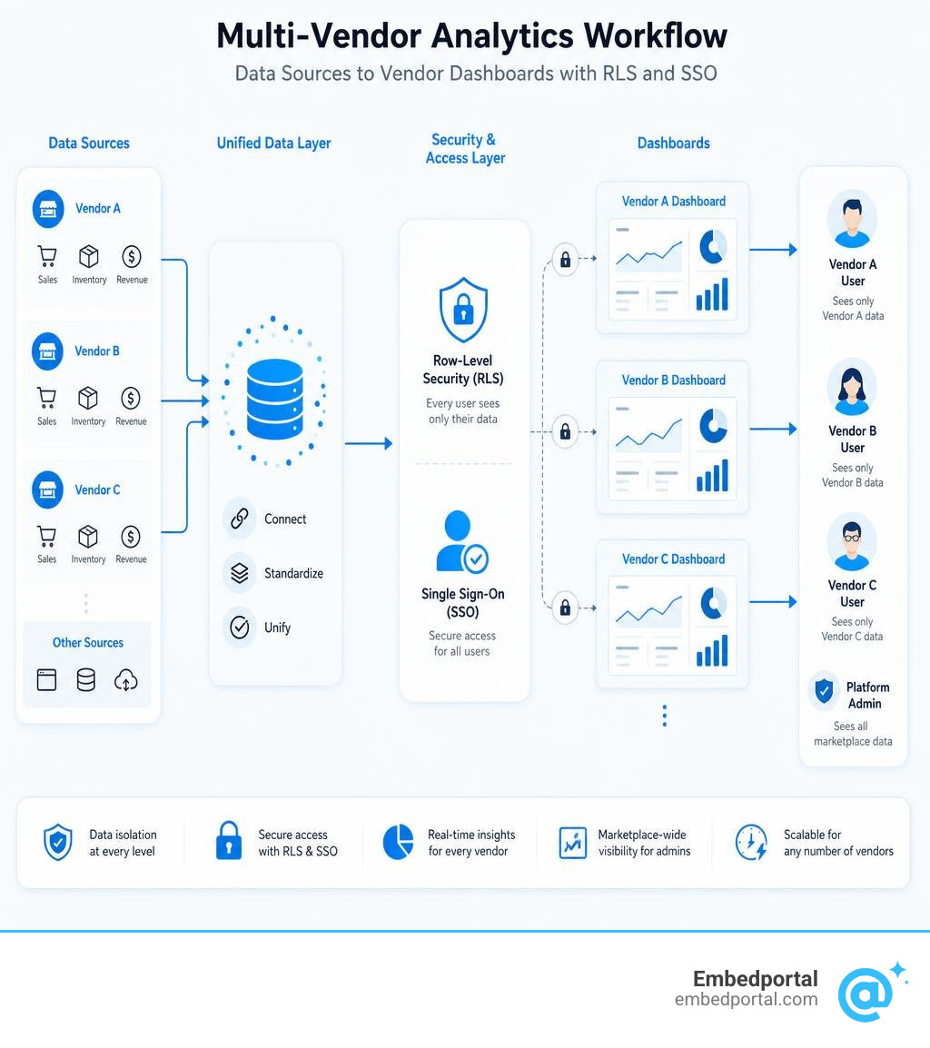 Multi-vendor analytics workflow: data sources to vendor dashboards with RLS and SSO infographic