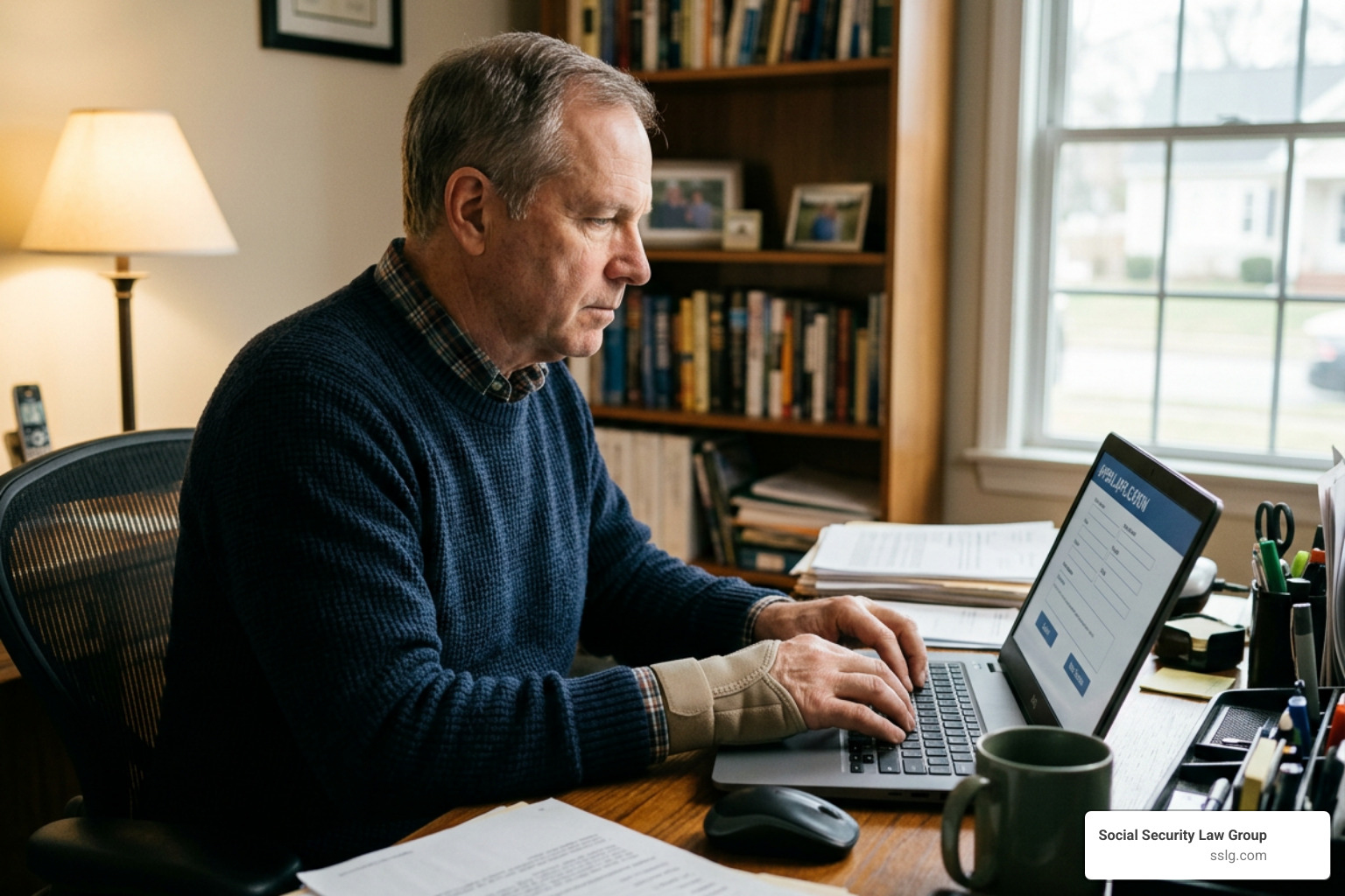 A claimant about 60 years old with a wrist brace filing an appeal online A claimant about 60 years old with a wrist brace filing an appeal online