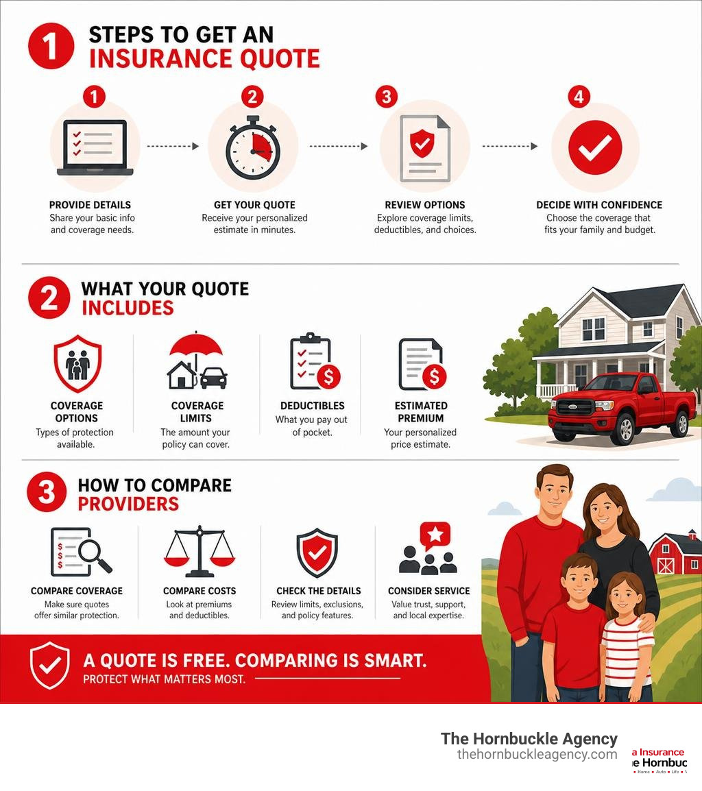 Steps to get an insurance quote, what it includes, and how to compare providers infographic in The Hornbuckle Agency brand Steps to get an insurance quote, what it includes, and how to compare providers infographic in The Hornbuckle Agency brand