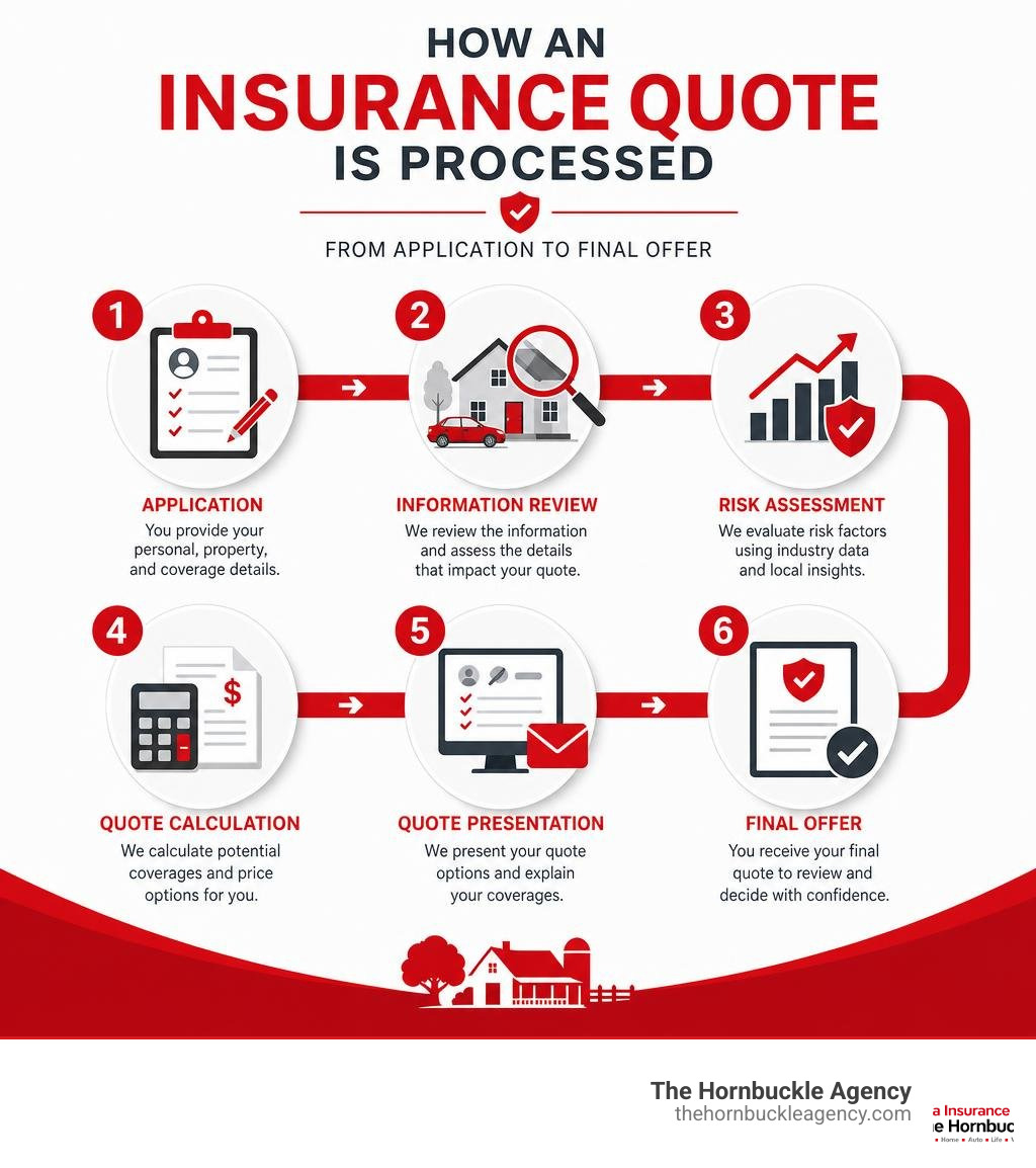 How an insurance quote is processed from application to final offer in The Hornbuckle Agency brand colors infographic How an insurance quote is processed from application to final offer in The Hornbuckle Agency brand colors infographic