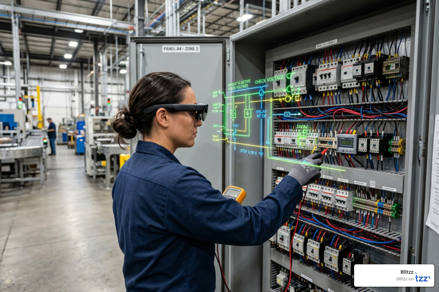 A technician wearing industrial smart glasses receiving real-time AR annotations on a complex electrical panel
